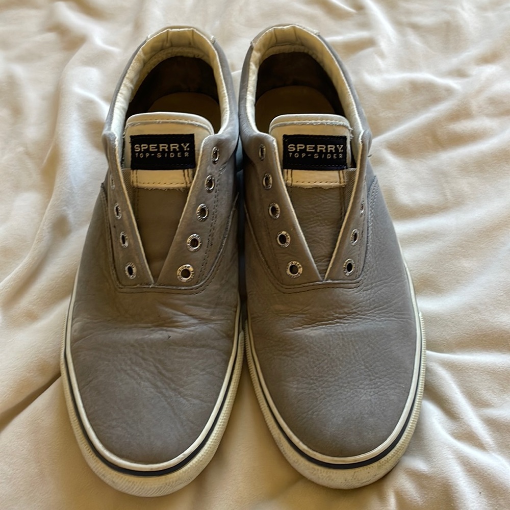 Sherry Top sider mens gray leather slip on sneakers